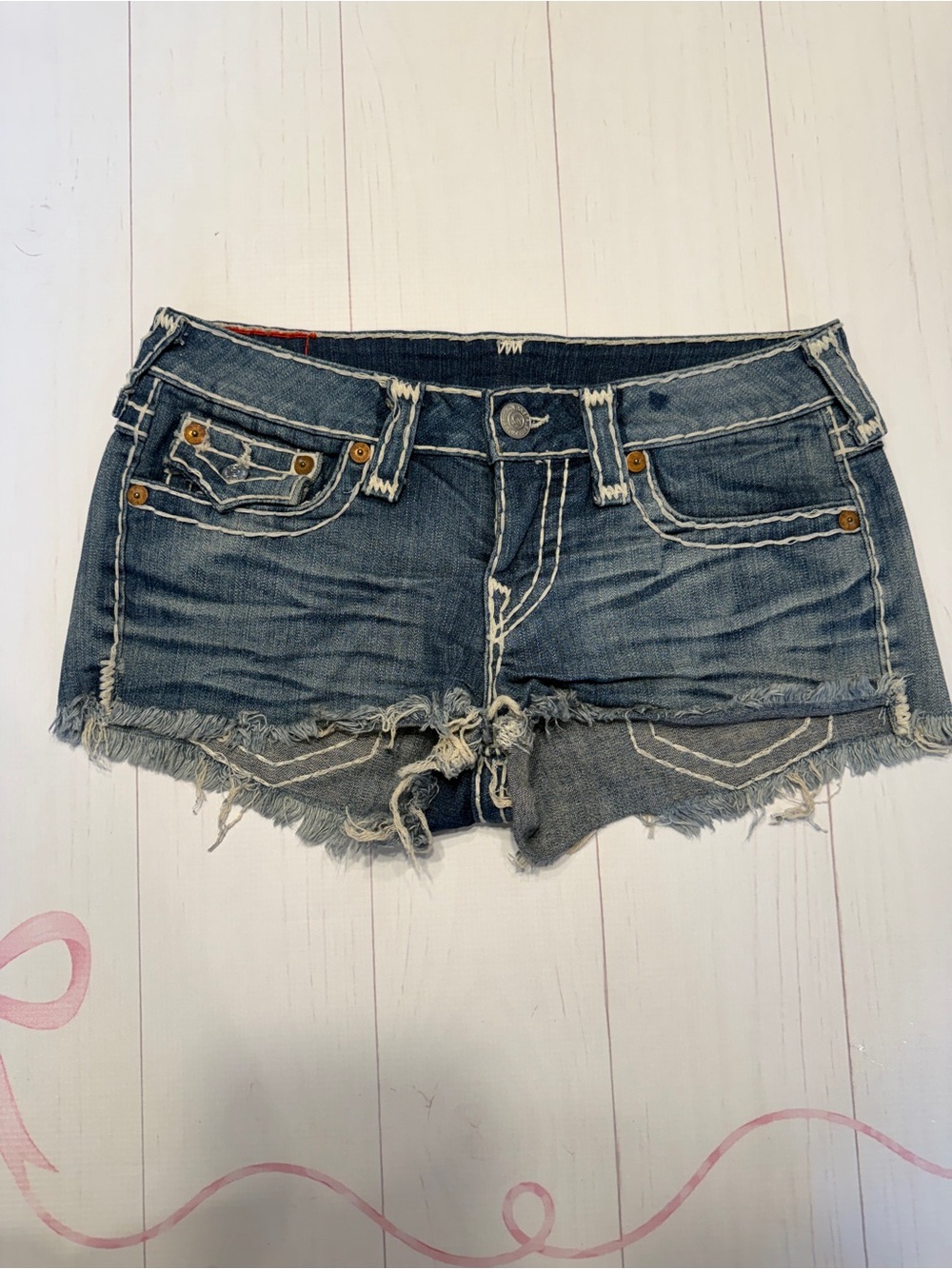 Y2K True Religion Distressed Dark Blue Denim Cutoff Shorts size 29